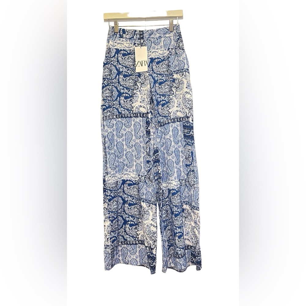 ZARA NWT Women Blue/White Floral Paisley Printed Wide Leg Pants Size XS Resort